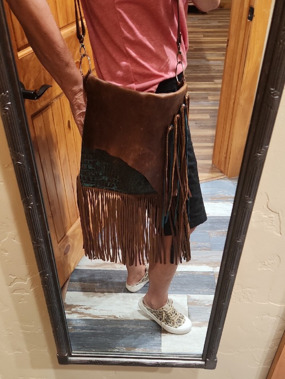 Brown Leather Fringe Crossbody Bag with Teal Croc Accent - Picture 11 of 11